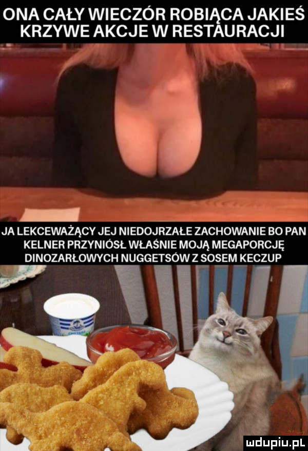 ona cały wieczór robiąca jakieś krzywe akcje w restauracji i ja lekceważący jej niedojrzałe zachowanie bo pan kelner przyniósl właśnie moją megaporcję dinozarłowych nuggetsówz sosem keczup i niaupiupl