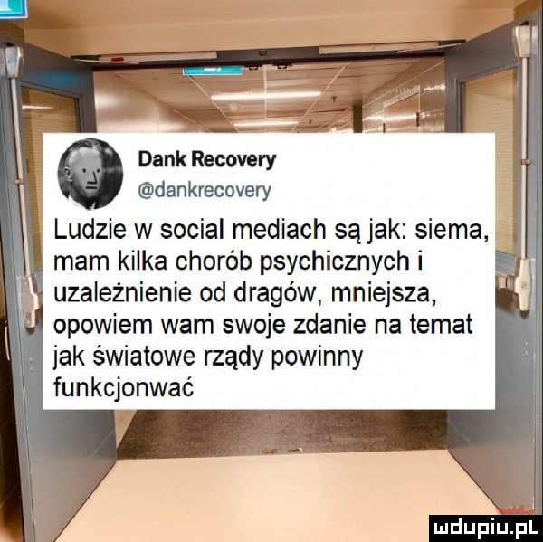 dink recovery dankrecovery ludzie w socjal mediach są jak siema mam kilka chorób psychicznych i uzależnienie od dragów mniejsza opowiem wam swoje zdanie na temat jak światowe rządy powinny funkcjonwać