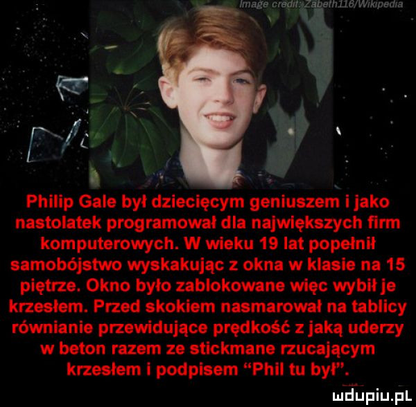 image nag i. lamel m   ermedra f     i g f philip gale był dziecięcym geniuszem i jako nastolatek programowal dla największych finn komputerowych. w wieku    ikt popelnlł samobójstwo wskakując z okna w klasie na    piętrze. okno bylo zablokowane więc wybił ju krzeelem. przed skokiem nasmarownl na tablicy równianie przewidujące prędkość jaką uderzy w beton razom ze stickmane izucaiącym krzesłem i podpisem phil tu byl. mjupiqul