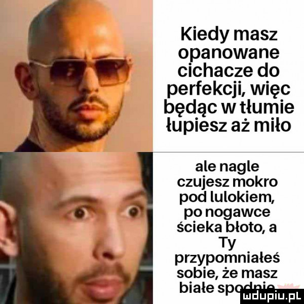 kiedy masz opanowane cichacze do perfekcji więc będąc w tłumie łu piesz aż miło ale nagle czujesz mokro pod lulokiem po nogawce ścieka błoto a ty przypomniałeś sobie że masz mes