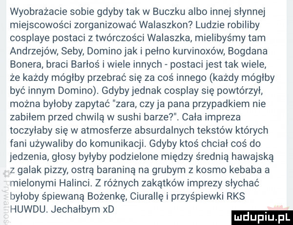 wyobrażacie sobie gdyby tak w buczku albo innej slynnej miejscowości zorganizować walaszkon ludzie robiliby cosplaye postaci z twórczości walaszka mielibyśmy tam andrzejów seby dominojak i pelno kurvinoxów bogdana banera braci barros i wiele innych postaci jest tak wiele ze każdy mógłby przebrać się za coś innego kazdy mógłby być innym domino. gdybyjednak cosplay się powtórzył można byloby zapytać zara czyja pana przypadkiem nie zabilem przed chwilą w sushi barze. cala impreza toczylaby się w atmosferze absurdalnych tekstów których fani używaliby do komunikacji. gdyby ktoś chciał coś do jedzenia glosy bylyby podzielone między średnią hawajską z golak pizzy ostrą baranina na grubym z kosmo kebaba a mielonymi halinki. z różnych zakątków imprezy slychac byloby śpiewaną bożenkę ciurallę i przyśpiewki rks huwdu. jechalbym xd