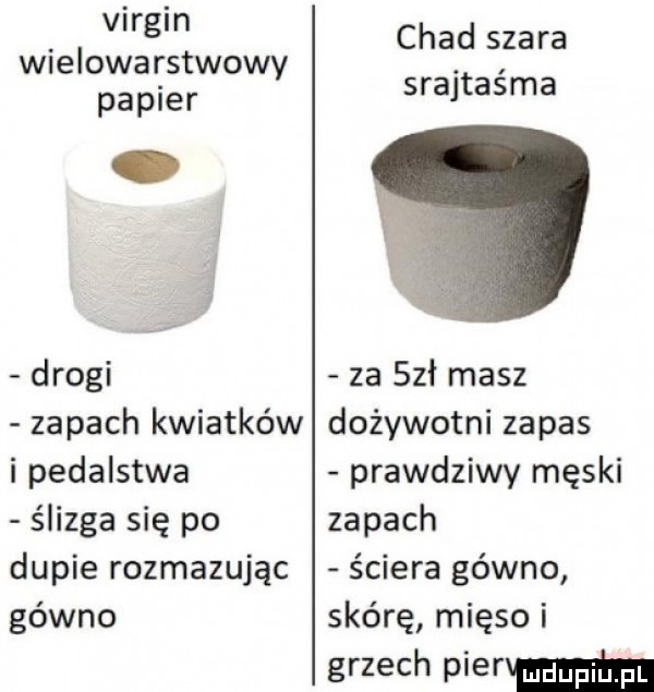virgin wielowarstwowy papier drogi zapach kwiatków i pedalstwa ślizga się po dupie rozmazując gówno chad szara srajtaśma za sał masz dożywotni zapas prawdziwy męski zapach ściera gówno skórę mięso i grzech pienmm