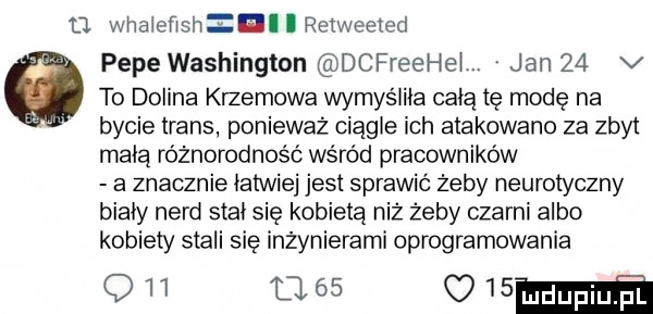 tj wnaiefish nl i retweeted pope washington dcfreei ich jan    v ó to dolina krzemowa wymyśiiia chią tę modę na bycie trans ponieważ ciągłe ich atakowano za zbyt małą różnorodność wśród pracowników a znacznie łatwiej jest sprawić żeby neurotyczny biały nerd stał się kobieta niż żeby czarni albo kobiety stali się inżynierami oprogramowania oh      ohm