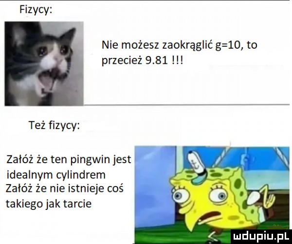 nie możesz zaokrąglić g    to przecież      też fizycy załóż że ten pingwin jest idealnym cylindrem załóż że nie istnieje coś takiego jak tarcie