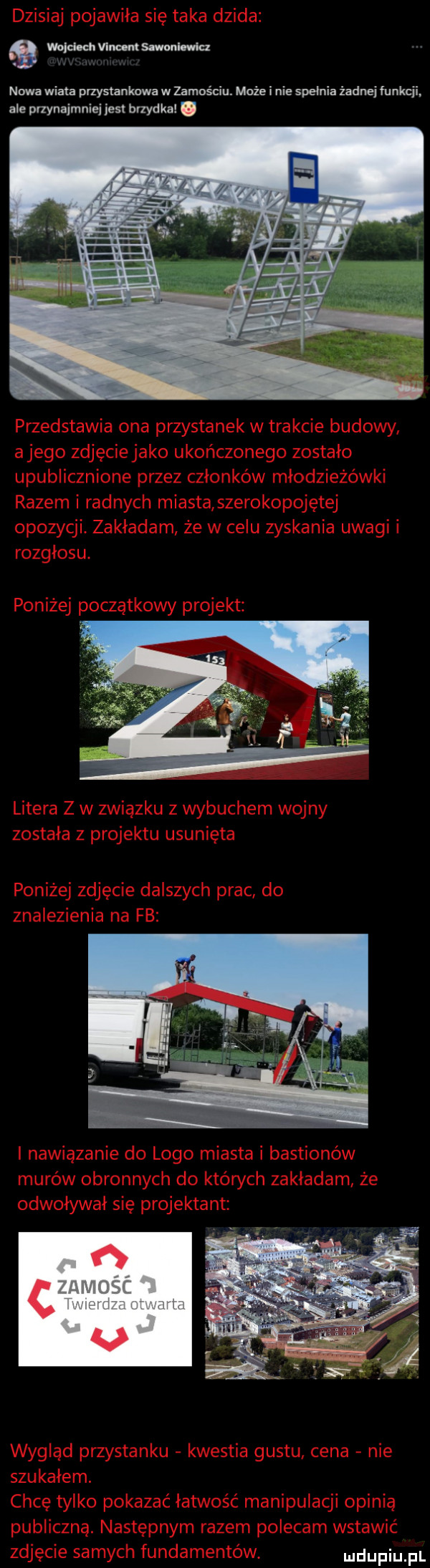 wojehch vino m szwank da nowa wiata przystankowa w zamościu. może i nie spełnia żadnej funkcji ale przynajmniej jest brzydka g