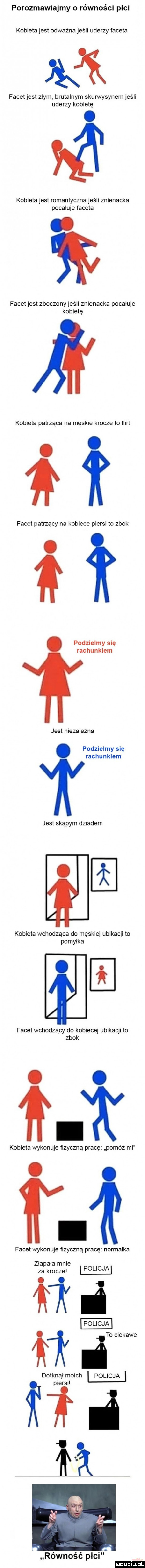 porozmawiajmy o równości płci kobieta jest odważna jeśli uderzy faceta facet jest zlym brutalnym skurwysynem jeśli uderzy kobietę kobieta jest romantyczna jeśli znienacka pocałuje faceta facet jest zboczony jeśli znienacka pocałuje kobiete kobieta patrząca na męskie krocze to flirt facet patrzący na kobiece piersi to zbok podzielmy się rachunkiem jest niezależna. podzielmy się rachunkiem jest skąpym dziadem kobieta wchodząca do meskiej ubikacji to pomylka i facet wchodzący do kobiecej ubikacji to zbok kobieta wykonuje iizyczną pracę pomóż mi facet wykonuje fizyczną pracę normalka zlapala mnie za krocze p jolicja oficja to ciekawe mi dotknąlmoich i policja il równość płci