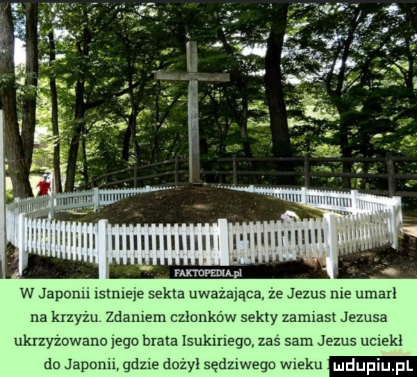 i u mmmum c rx ilion mnmnmu h ukw w i l faktopediapi w japonii istnieje sekta uważająca że jezus nie umarł na krzyżu. zdaniem członków sekty zamiast jezusa ukrzyżowano jego brata isukiriego zaś sam jezus uciekł do japonii gdzie dożył sędziwego wieku