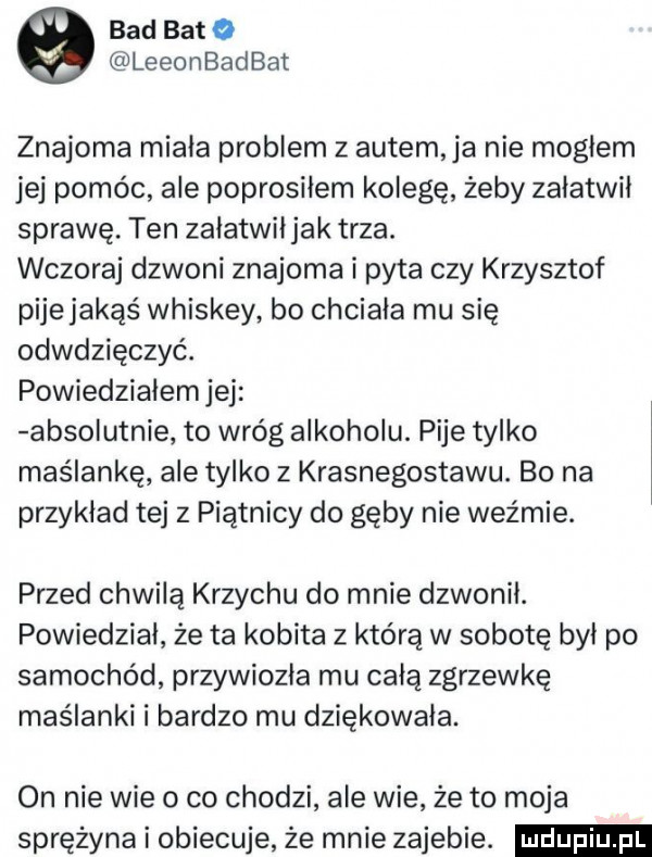 bad bat   leeonbadbat znajoma miała problem z autem ja nie mogłem jej pomóc ale poprosiłem kolegę żeby załatwił sprawę. ten załatwiłjak trza. wczoraj dzwoni znajoma i pyta czy krzysztof pijejakąś whiskey bo chciała mu się odwdzięczyć. powiedziałem jej absolutnie to wróg alkoholu. pije tylko maślankę ale tylko z krasnegostawu. bo na przykład tej z piątnicy do gęby nie weźmie. przed chwilą krzychu do mnie dzwonil. powiedział że ta kobita z którą w sobotę byl po samochód przywiozła mu całą zgrzewkę maślanki i bardzo mu dziękowała. on nie wie o co chodzi ale wie że to moja sprężyna i obiecuje że mnie zajebie