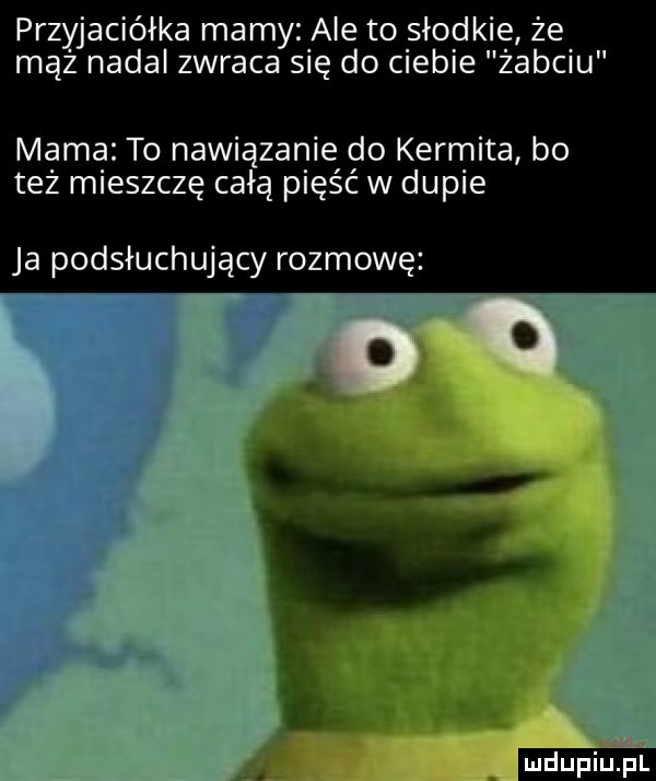przyjaciółka mamy ale to słodkie że mąż nadal zwraca się do ciebie żabciu mama to nawiązanie do kermita bo też mieszczę całą pięść w dupie ja podsłuchujący rozmowę. ludu iu. l