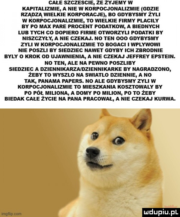 całe szczescie że zyjemy w kapitalizmie a nie w korpocjonalizmie gdzie rządzą wielkie korporacje bo gdybysmy żyli w korpocjonalizmie t  wielkie firmy placily by pu max pare procent podatków a biednych lub tych co dopiero firme otworzyli podatki by niszczyły a nie czekaj. n  ten dao gdybysmy zyli w korpocjonalizmie t  bogaci i wplywowi nie poszli by siedziec nawet gdyby ian zbrodnie byly o krok dd ujawnienia a nie czekaj jeffrey epstein. no ten ale na pewno poszliby siedziec a dziennikarzndziennikarke by nagrabiono żeby to wyszlo na swiatło dziennie a no tak. panama popers. no ale gdybysmy zyli w korfocjonalizmie to mieszkania kosztowaly by pd pól miliona a domy po milion pci t  żeby biedak całe życie na pana pracował a nie czekaj kurwa. wmqmucam luduplu p