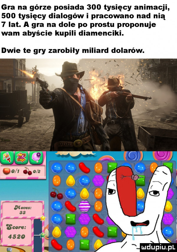gra na górze posiada     tysięcy animacji     tysięcy dialogowi pracowano nad nią   lat. a gra na dole po prestu proponuje wam abyście kupili diamenciki. dwie te gry zarobiły m rd dolarów