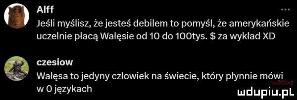 alef jeśli myślisz. żejesteś debilem to pomyśl. że amerykańskie uczelnie płacą wałęsie od    do    ty . za wyklad xd czesiow wklęsa tojedyny czlowiek na świecie który plynnie mówi wojęzykach
