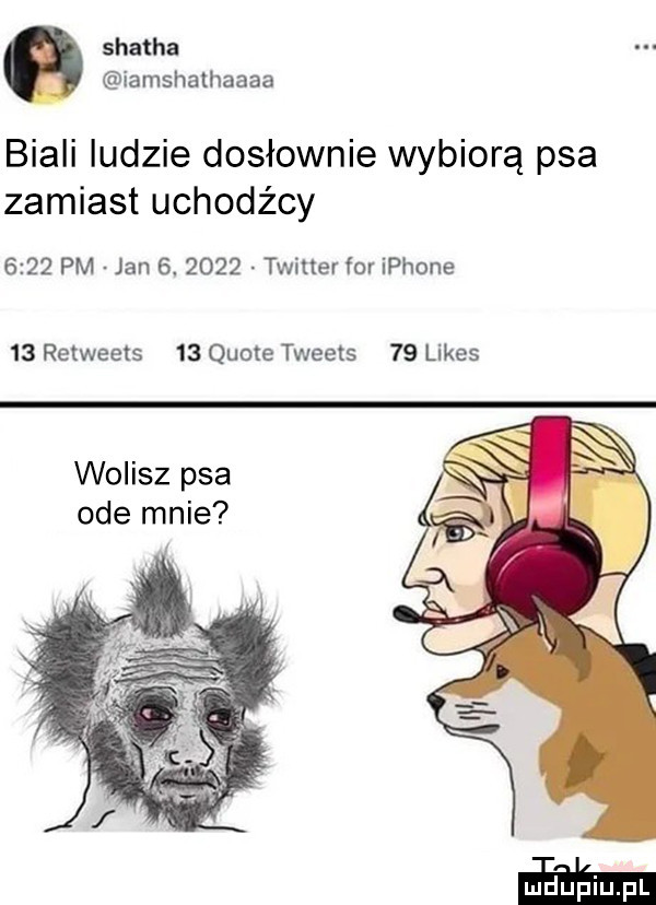 shalha iamshathaaaa biali ludzie dosłownie wybiorą psa zamiast uchodźcy      pm jan  .      twitter for iphone    re weets    quote tweaks    limes wolisz psa ode mnie