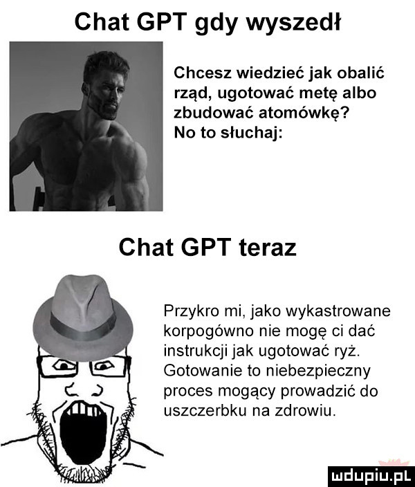 chat gat gdy wyszedł chcesz wiedzieć jak obalić rząd ugotować metę albo zbudować atomówkę no to słuchaj chat gat teraz przykro mi jako wykastrowane korpogowno nie mogę ci dać instrukcji jak ugotować ryż. gotowanie to niebezpieczny proces mogący prowadzić do uszczerbku na zdrowiu