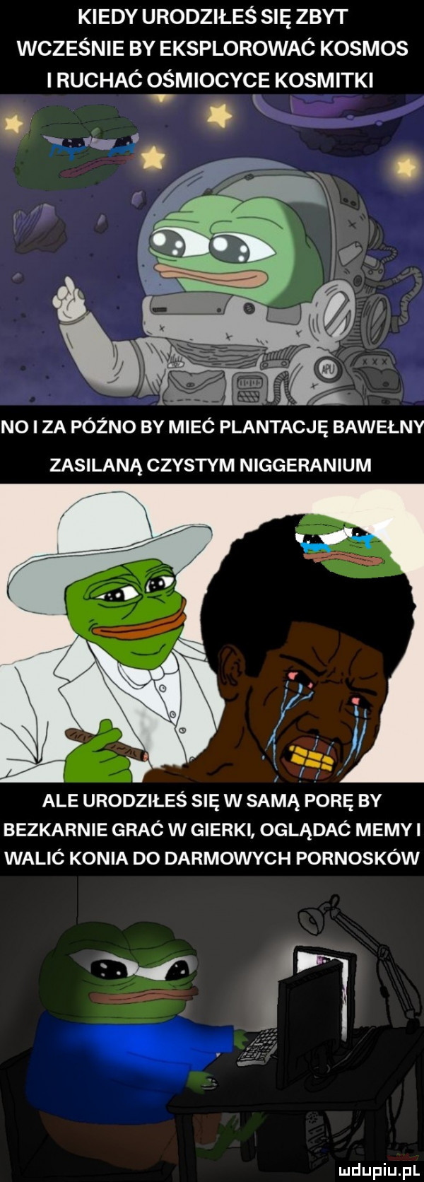 kiedy urodziłeś się zbyt wcześnie by eksplorowaó kosmos i ruchaó ośmiocyce kosmitki no i za późno by miec plantację bawełny zasilaną czystym niggeranium a i r ale urodziłeś się w samą porę by bezkarnie grac w gierki oglądac mecyi walió konia do darmowych podnosków