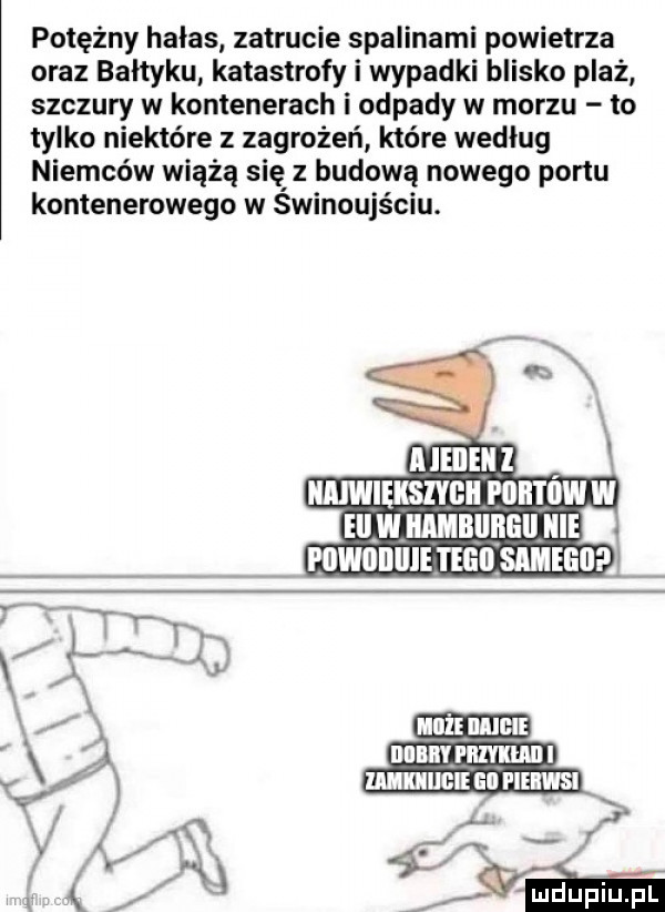 potężny halas zatrucie spalinami powietrza oraz bałtyku katastrofy i wypadki blisko plaż szczury w kontenerach i odpady w morzu to tylko niektóre z zagrożeń które według niemców wiążą się z budową nowego portu kontenerowego w świnoujściu. llllil. llllllli mai i m i mami ell piai wsi aeg a e