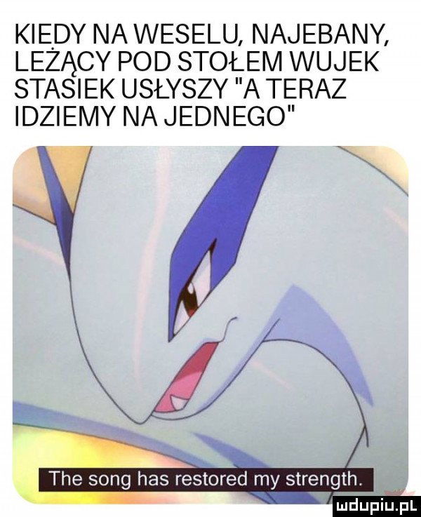kiedy na weselu najebany lezący pod stołem wujek stasiek usłyszy a teraz idziemy na jednego a tee song has restored my strength. mdupillpl