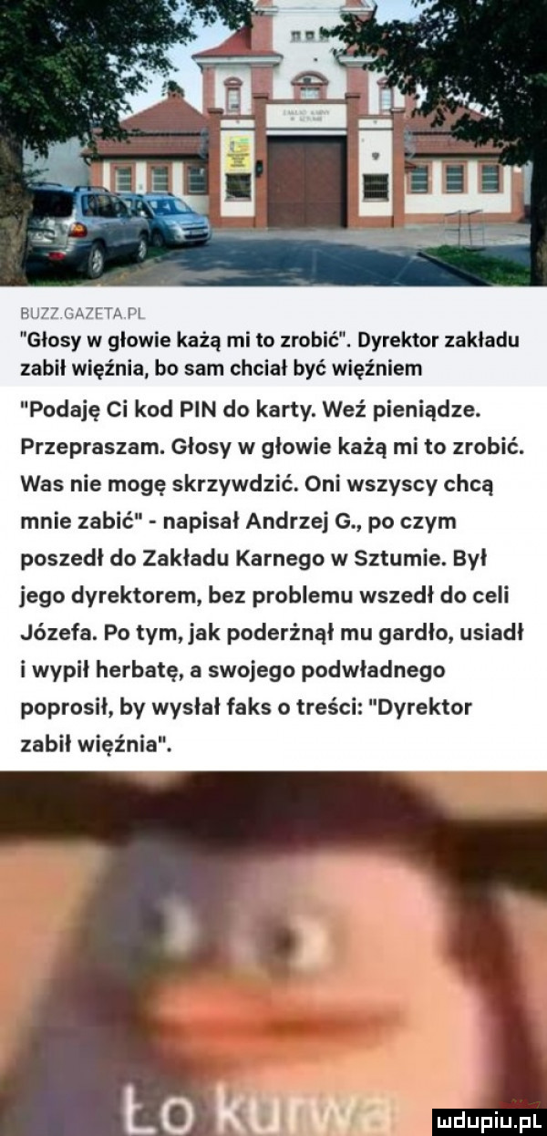 hun mmm głosy w głowie każą mi to zrobić. dyrektor zakładu zabił więźnia bo sam chciał być więźniem podaję ci kod pin do karty. weź pieniądze. przepraszam. głosy w głowie każą mi to zrobić. was nie mogę skrzywdzić. oni wszyscy chcą mnie zabić napisal andrzej g po czym poszedł do zakładu karnego w sztumie. był jego dyrektorem bez problemu wszedł do celi józefa. po tym jak poderżnął mu gardło usiadł i wypił herbatę a swojego podwładnego poprosił by wysłał faks o treści l dyrektor zabił więźnia