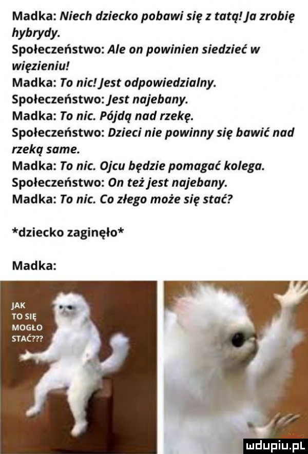 madka niech dziecko pobawi się tatą a zrobię hybrydy. społeczeństwo ale on powinien siedzieć w więzieniu madka to nic jest odpowiedzialny. społeczeństwo jest najebany. madka to nic. pójdq nad rzekę. społeczeństwo dzieci nie powinny się bawić nad rzeką same. madka to nic. ojcu będzie pomagać kolega. społeczeństwo on też jest najebany. madka to nic. co złego może się stać dziecko zaginęło madka ak m się mamo sad