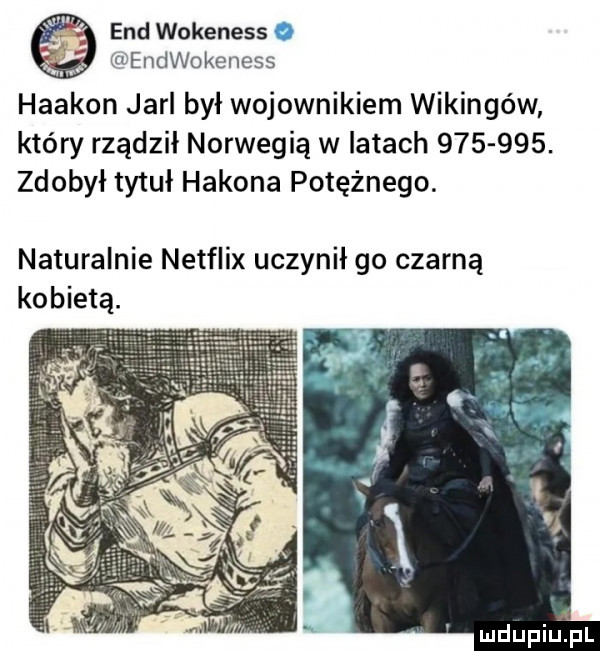 end wokeness o endwokeness haakon jarl był wojownikiem wikingów który rządził norwegią w latach        . zdobył tytuł hakowa potężnego. naturalnie netflix uczynił go czarną kobietą. r i ś n a mdupiuipl
