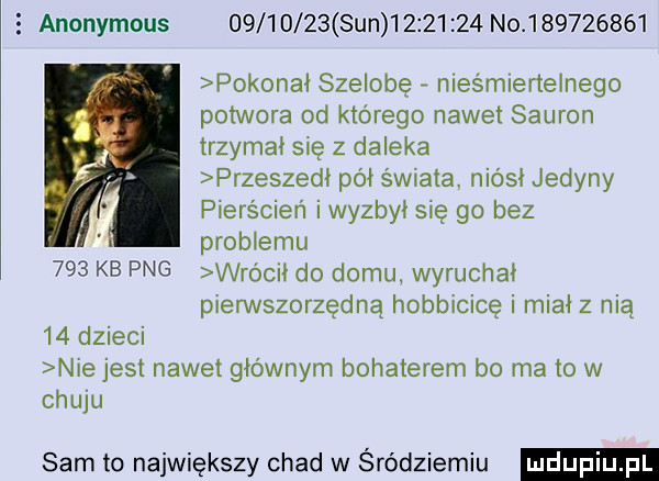 anonymous          sun          n            pokonai szeiobe nieśmiertelnego potwora od którego nawet sauron trzymał się z daleka przeszedi pół świata. niósł jedyny pierścień iwyzbyi się go bez problemu     kb pbg wrócii do domu wyruchai pierwszorzędną hobbicicę i miał z nią    dzieci nie jest nawet głównym bohaterem bo ma to w chuju sam to największy chad w śródziemiu