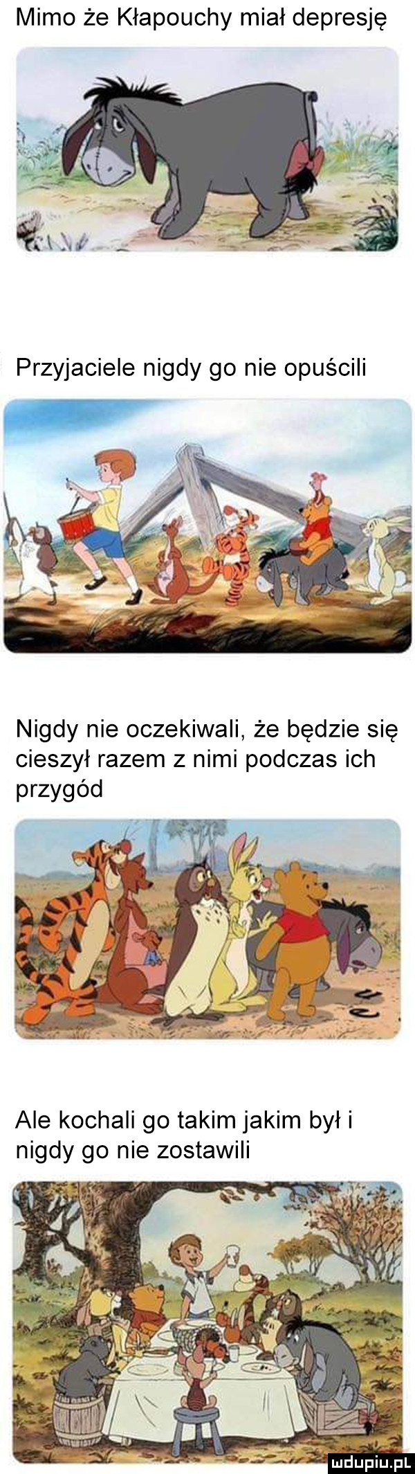 mimo że kłapouchy miał depresję nigdy nie oczekiwali że będzie się cieszył razem z nimi podczas ich przygód ale kochali go takim jakim był i nigdy go nie zostawili