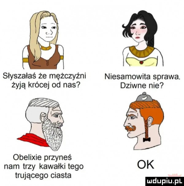 m słyszałaś że mężczyźni niesamowita sprawa. żyją krócej od nas dziwne nie obelixie przynoś nam trzy kawałki tego ok trującego ciasta