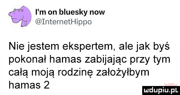 i m on bluesky now internethippo nie jestem ekspertem ale jak byś pokonał hamas zabijając przy tym całą moją rodzinę założyłbym hamas