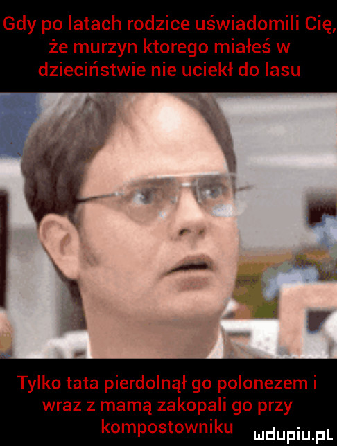 gdy po latach rodzice uświadomili cię że murzyn ktorego miałeś w dzieciństwie nie uciekł do lasu tylko tata pierdolnąi go polonezem i wraz z mamą zakopali go przy kompostowniku