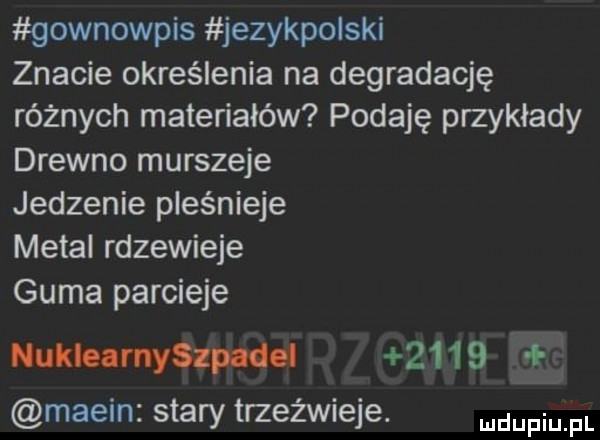gownowpis jezykpolski znacie określenia na degradację różnych materiałów podaję przykłady drewno murszeje jedzenie pleśnieje metal rdzewieje guma parcieje nukleamyszpnd i      malin stary trzeźwieje. duciu fl