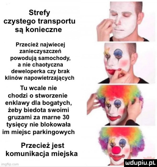 strefy czystego transportu są konieczne przecież najwiecej zanieczyszczeń powodują samochody a nie chaotyczna deweloperka czy brak klinów napowietrzających tu wcale nie chodzi o stworzenie enklawy dla bogatych żeby biedota swoimi gruzami za marne    tysięcy nie blokowała im miejsc parkingowych przecież jest komunikacja miejska ludupiu pl