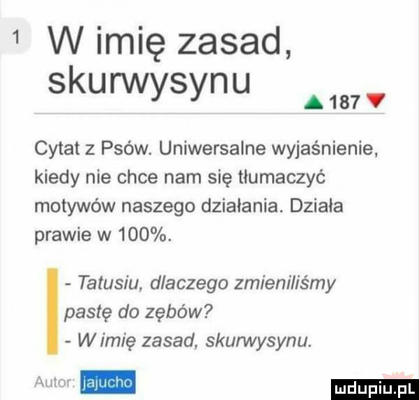 w imię zasad skurwysynu a cytat   psów. uniwersalne wyjaśnienie kiedy nie chce nam się tłumaczyć motywów naszego działania. działa prawie w    . tatusiu dlaczego zmieniliśmy pastę do zębów wymię zasad skurwysynu