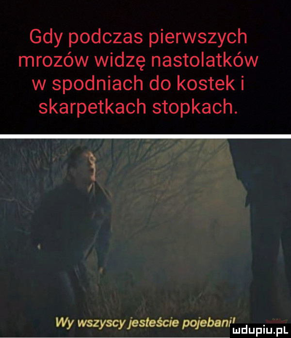 gdy podczas pierwszych mrozów widzę nastolatków w spodniach do kostek i skarpetkach stopkach. i. abakankami. wy wszyscy jesteśae pajebanrmdupiuipl