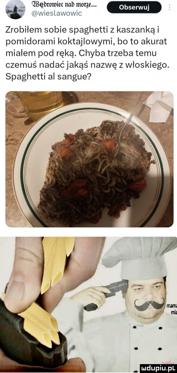 ębtomiecnabmorge. m zowieslawowic zrobilem sobie spaghetti z kaszanka i pomidorami koktajlowymi bo to akurat mialem pod ręką. chyba trzeba temu czemuś nadaćjakąś nazwę z włoskiego. spaghetti ai sangue