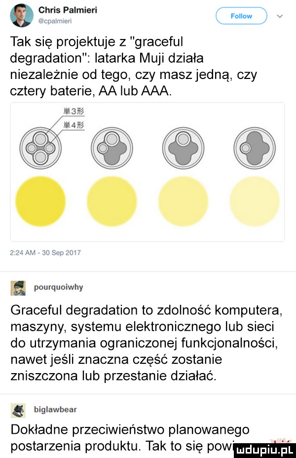 fellow v j k tak się projektuje z graceful degradation latarka muki dziala niezależnie od tego czy masz jedną czy cztery baterie aa lub aaa.     ld. o. rm lab ma   chris palmieri. pourquoiwhy graceful degradation to zdolność komputera maszyny systemu elektronicznego lub sieci do utrzymania ograniczonej funkcjonalności nawetjeśli znaczna część zostanie zniszczona lub przestanie dziabać. e higlawbear dokładne przeciwieństwo planowanego postarzenia produktu tak to się poem