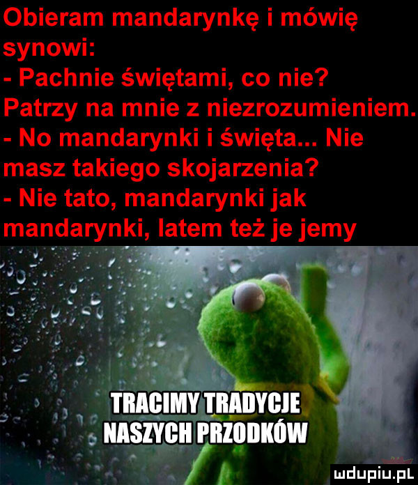 obieram mandarynkę i mówię synowi pachnie świętami co nie patrzy na mnie z niezrozumieniem. no mandarynki i święta. nie masz takiego skojarzenia nie tato mandarynki jak mandarynki latem też je jemy naszymi eiiziiiików ludupiul