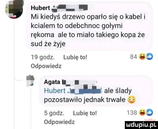 hubert a. mi kiedyś drzewo oparło się o kabel i kcialem to odebchnoc gołymi rękoma ale to miało takiego kopa że sad że żyje    godz. lubię to    o odpowiedz agata. g hubert mi ale ślady pozostawiło jednak trwałe   godz. lubię to     d odpowiedz