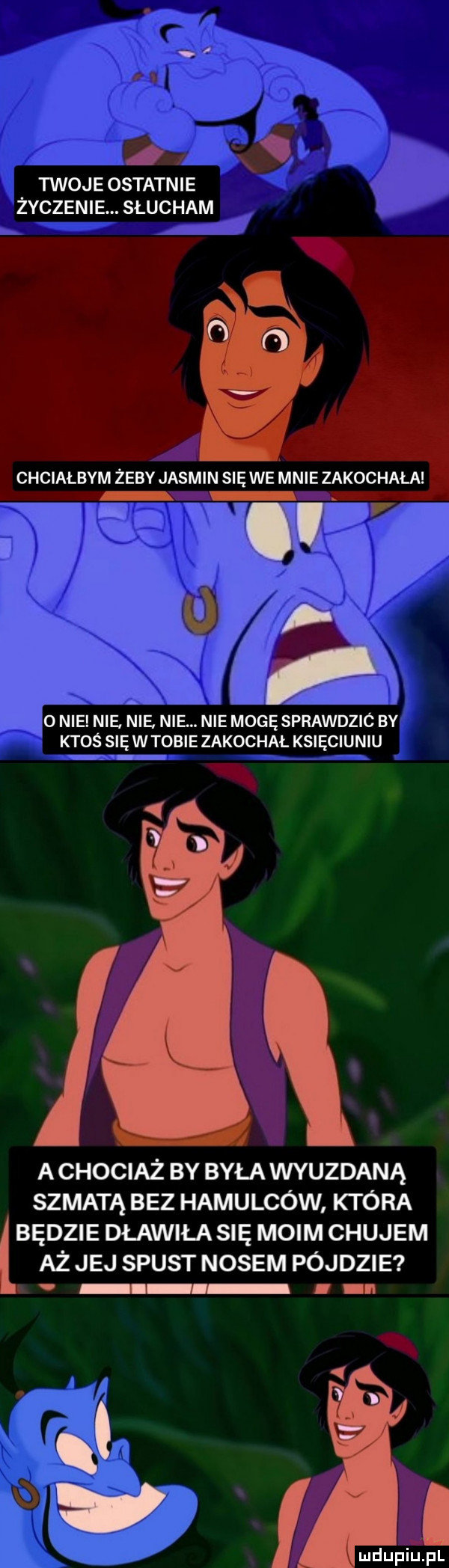 q twoje ostatnie życzenie. słucham chciałbym żeby jasmin się we mnie zakochala. o nie nie. nie nie. nie mogęsprawdzic by ktoś sięwtobiezakochał księciuniu le a chociaż by była wyuzdaną szmatą bez hamulców która będzie dławiła się moim chujem aż jej spust nosem pójdzie i