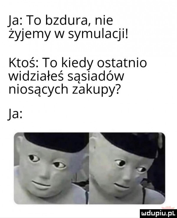 ja to bzdura nie żyjemy w symulacji ktoś to kiedy ostatnio widziałeś sąsiadów niosących zakupy ludu iu. l
