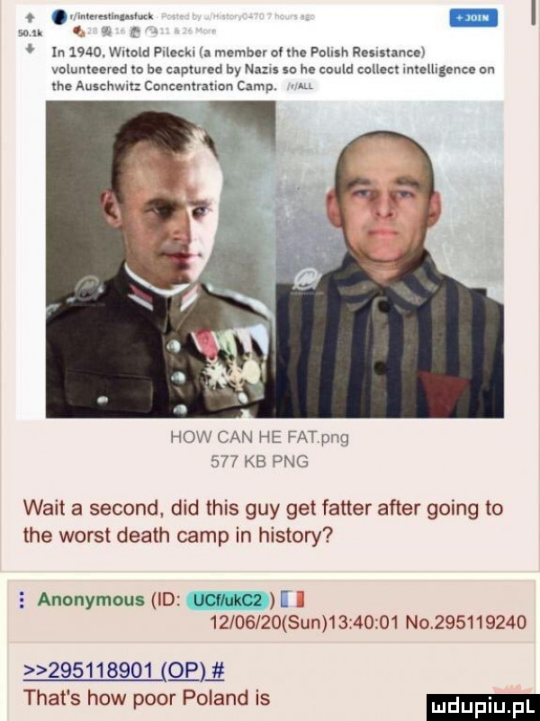 ww. m m  . in     . witold pileckl a mł mhz ol he pnhxh rnsisuncal miumemd m he captured by napis so he could elłec imeiiigeneo an tee auschwu concentration camp. hiw cen he fat pbq     kb pbg walt a second ddd tais gay get fajter after going to tee worst death camp in histony   anonymous id j          sun          nc                     qui trat s hiw psor poland is