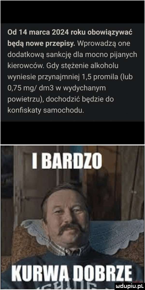 od    marca      roku obowiązywać będą nowe przepisy. wprowadza one dodatkową sankcję dla mocno pijanych kierowców. gdy stężenie alkoholu wyniesie przynajmniej     promila lub      mg dm  w wydychanym powietrzu dochodzić będzie do konﬁskaty samochodu.   l u l i i i