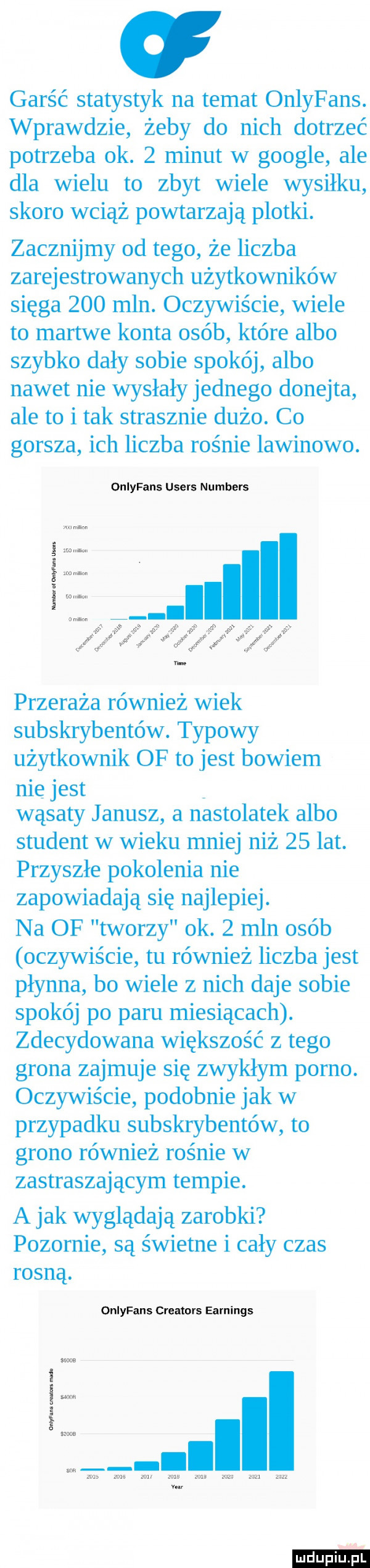 g garść statystyk na temat onlyfans. wprawdzie żeby do nich dotrzeć potrzeba ok.   minut w google ale dla wielu to zbyt wiele wysiłku skoro wciąż powtarzają plotki. zacznijmy od tego że liczba zarejestrowanych użytkowników sięga     mln. oczywiście wiele to martwe konta osób które albo szybko dały sobie spokój albo nawet nie wysłały jednego donejta ale to i tak strasznie dużo. co gorsza ich liczba rośnie lawinowo. dniyfans users numbers walt ﬁvé w xxx gfx fff przeraża również wiek subskrybentów. typowy użytkownik of to jest bowiem nie jest wąsaty janusz a nastolatek albo student w wieku mniej niż    lat. przyszłe pokolenia nie zapowiadają się najlepiej. na of tworzy ok.   mln osób oczywiście tu również liczba jest płynna bo wiele z nich daje sobie spokój po paru miesiącach. zdecydowana większość z tego grona zajmuje się zwykłym porno. oczywiście podobnie jak w przypadku subskrybentów to grono również rośnie w zastraszającym tempie. a jak wyglądają zarobki pozornie są świetne i cały czas rosną. onlyfans crealnvs earnings m i ll g św iii