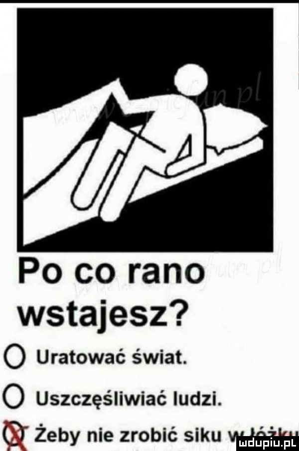 po co rano wstajesz o uratować świat.   uszczęśliwiać ludzi. q żeby nie zrobić siku