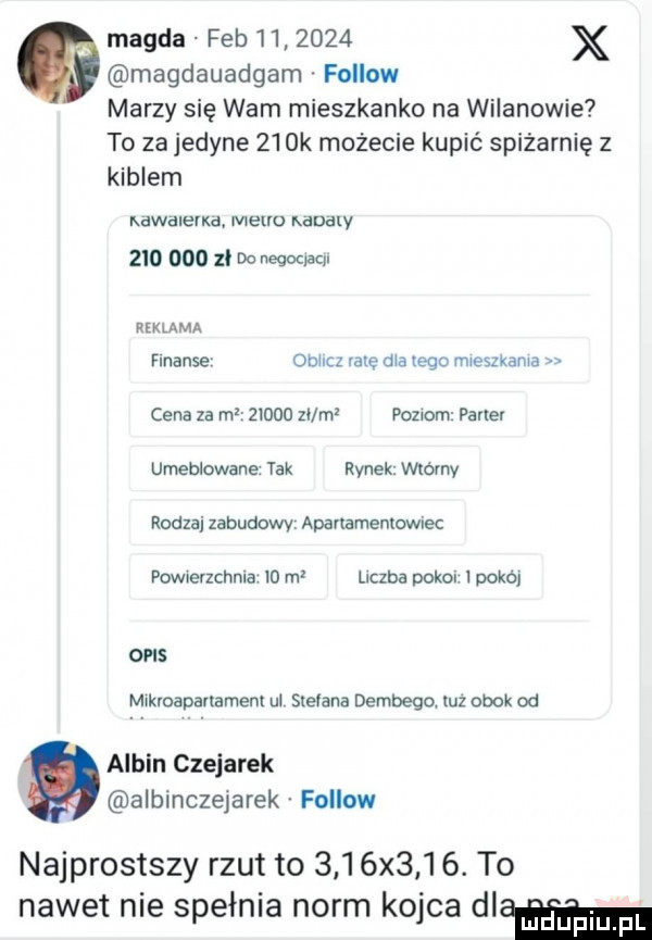 magda feb         x magdauadgam fallow marzy się wam mieszkanko na wilanowie to za jedyne    k możecie kupić spiżarnię z kiblem kawalerka menu naw         zł do neqoqacn mam fmanse obacz mę ma lego mweszkama cena za m        zl rn  pimom panel umeblowane tak rynek www rodzaj zabudowy apauamenmwlec powrerzchnla io m liczba pokoi l pokój opis mrkroapanamenl ul stevena dembego tuz obok od. albin czesarek albinczejarek fellow najprostszy rzut to     x    . to nawet nie spełnia norm kojca mama