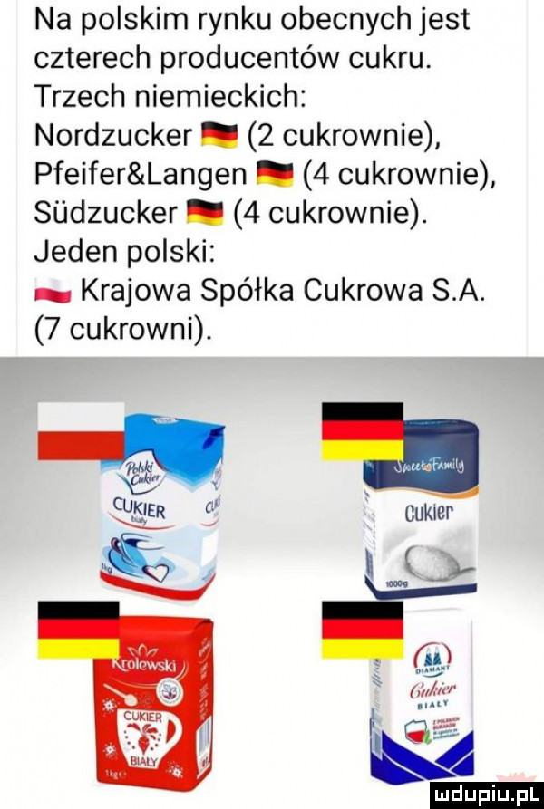 na polskim rynku obecnych jest czterech producentów cukru. trzech niemieckich nordzucker.   cukrownie pfeifer langen.   cukrownie sijdzucker.   cukrownie. jeden polski. krajowa spółka cukrowa s a.   cukrowni. ludu iu. l
