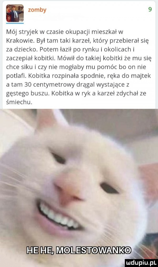 zomby   mój stryjek w czasie okupacji mieszkał w krakowie. był tam taki karzeł któnj przebierał się za dziecko. potem iaził po rynku i okolicach i zaczepiał kobitki. mówił do takiej kobitki że mu się chce saku i czy nie mogłaby mu pomóc bo on nie potrafi kobitka rozpinała spodnie ręka do majtek a tam    centymetrowy drągal wystające z gęstego buszu. kobitka w ryk a karzeł zdychai ze śmiechu