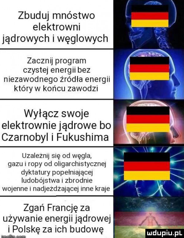 zbuduj mnóstwo elektrowni jądrowych i węglowych zacznij program czystej energii bez niezawodnego źródła energii który w końcu zawodzi wyłącz swoje elektrownie jądrowe bo czarnobyl i fukushima uzaleznu się od węgla gazu ropy od oligarchistyczne dykialury popelniającey ludobójstwa zbrodnie wojenne l nadjezdzaiącei inne kraje zgań francję za używanie energii jądrowej ineoiskę za ich budowę