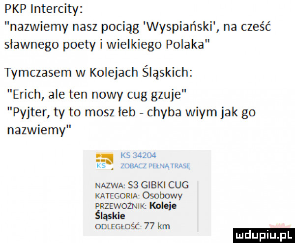 pkp intercity nazwiemy nasz pociąg wyspiański na cześć sławnego poety i wielkiego polaka tymczasem w kolejach śląskich erich ale ten nowy cug gzuje pyjter ty to masz łeb chyba widm jak go nazwiemy ks       ks zoeauvamasl nazwa   gibki cug kategoria osobowy pnzrwozmx kolbie śląskie odległosc    km