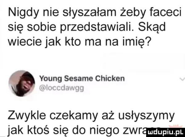 nigdy nie słyszałam żeby faceci się sobie przedstawiali. skąd wiecie jak kto ma na imię young sesame chicken. i zwykle czekamy aż usłyszymy jak ktoś się do niego zer