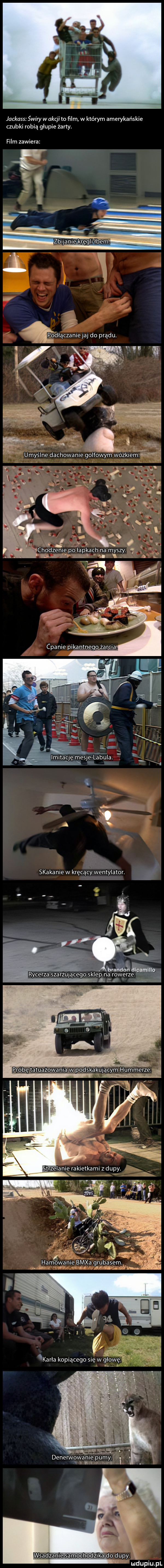 jackass świry wakcji to ﬁlm w którym amerykańskie czubki robią głupie żarty. film zawiera diączaniejaj do prądu. ya. rt. w. lea. a p skakanie w kręcący wentylator. i mam m   rycerza szarżującego sklep na rowerze do dupy